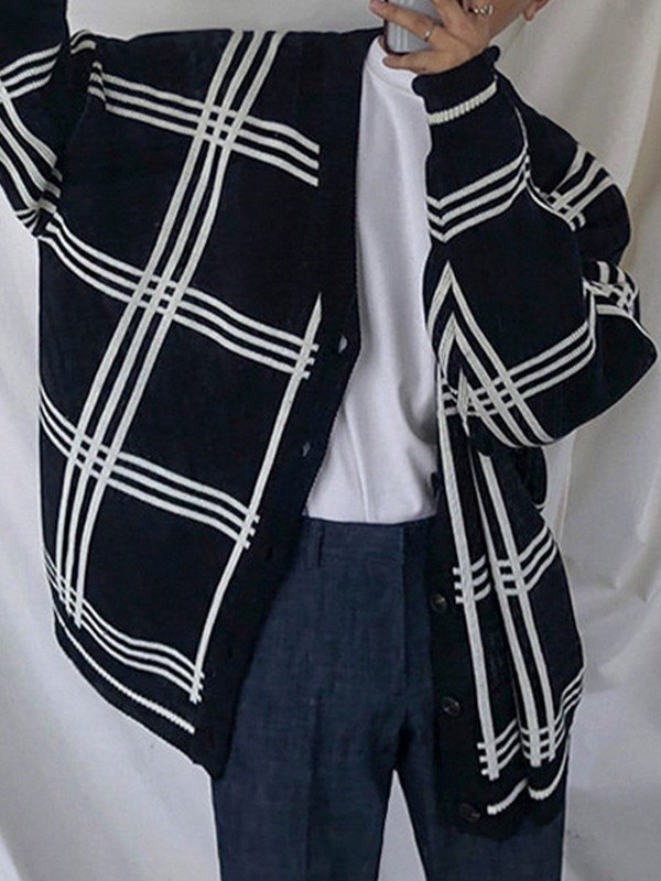 EMMIOL Men's V Neck Checkered Cardigan