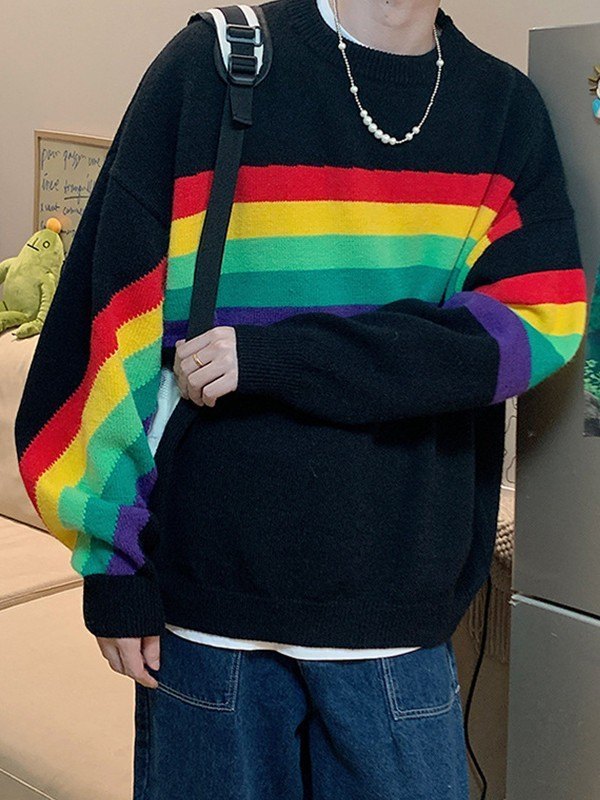 EMMIOL Suéter tipo jersey con rayas arcoíris para hombre