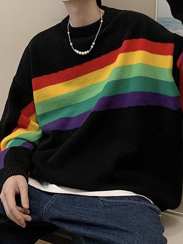 EMMIOL Suéter tipo jersey con rayas arcoíris para hombre