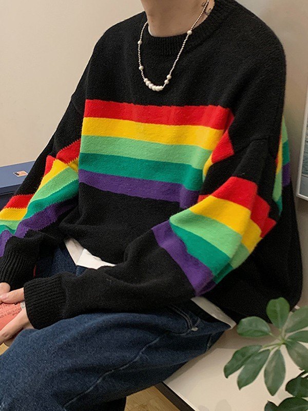 EMMIOL Suéter tipo jersey con rayas arcoíris para hombre