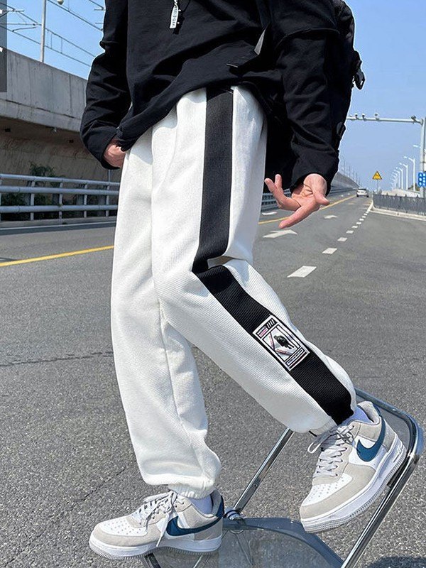 Emmiol Free shipping 2023 Men's Label Patched Side Striped Jogger Pants White XL in Jogger Pants