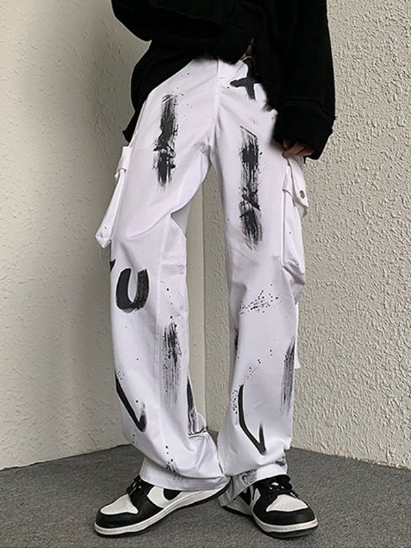 Emmiol Free shipping 2024 Men's Splash Straight Leg Cargo Pants White