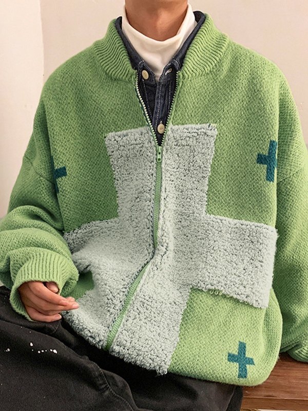Emmiol Free shipping 2024 Men's Cross Jacquard Zip Up Cardigan Green M