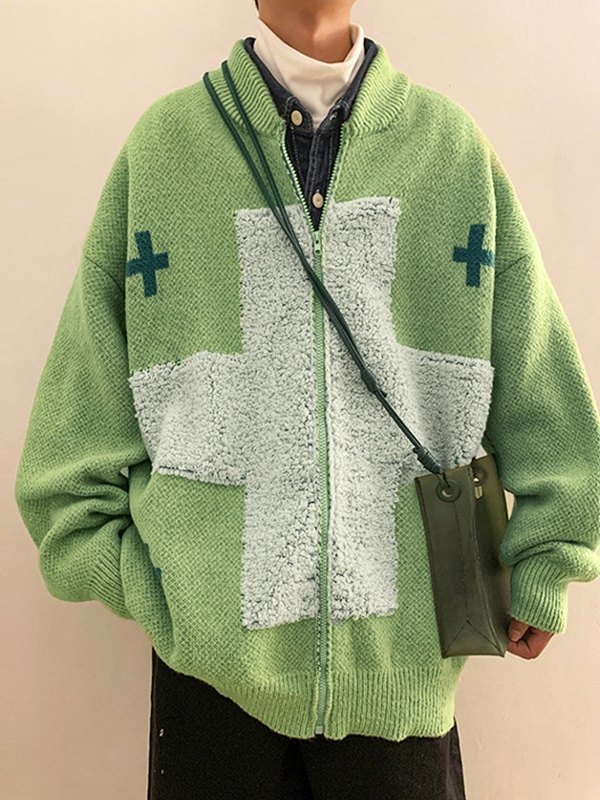 Emmiol Free shipping 2024 Men's Cross Jacquard Zip Up Cardigan Green M