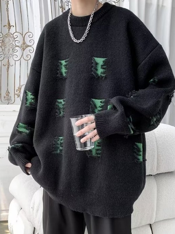 EMMIOL Men's Pullover Distressed Knit Sweater