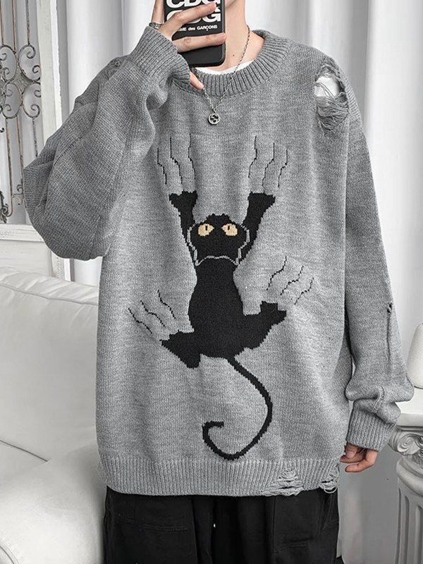 EMMIOL Suéter tipo jersey desgastado con jacquard de gato para hombre