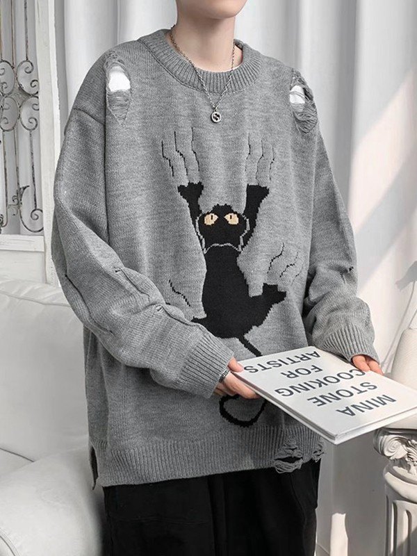 EMMIOL Suéter tipo jersey desgastado con jacquard de gato para hombre