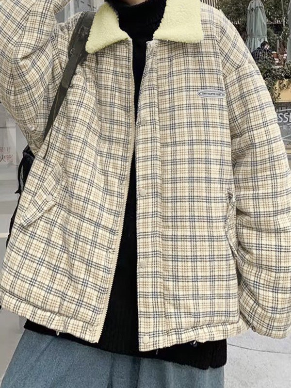 EMMIOL Men's Faux Fur Collar Checkered Padded Jacket