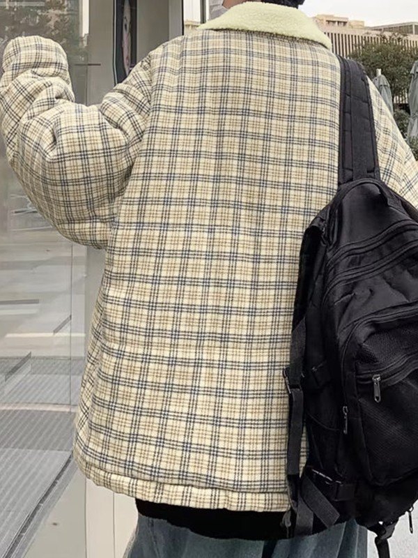 EMMIOL Men's Faux Fur Collar Checkered Padded Jacket