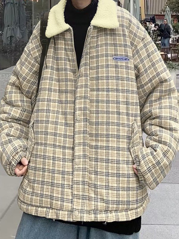 EMMIOL Men's Faux Fur Collar Checkered Padded Jacket