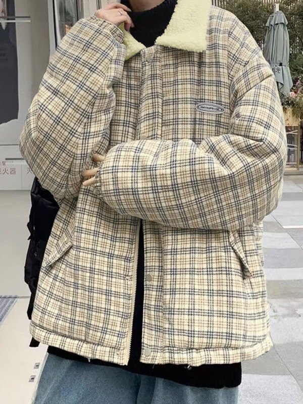 EMMIOL Men's Faux Fur Collar Checkered Padded Jacket