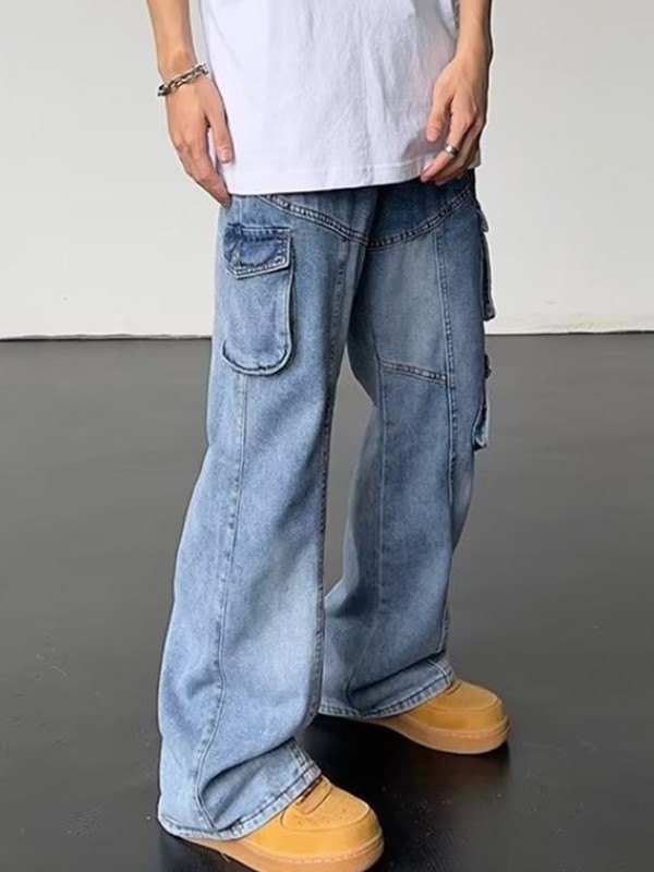 Emmiol Free shipping 2024 Men's Patch Pocket Loose Cargo Jeans Blue XL in Cargo Jeans online