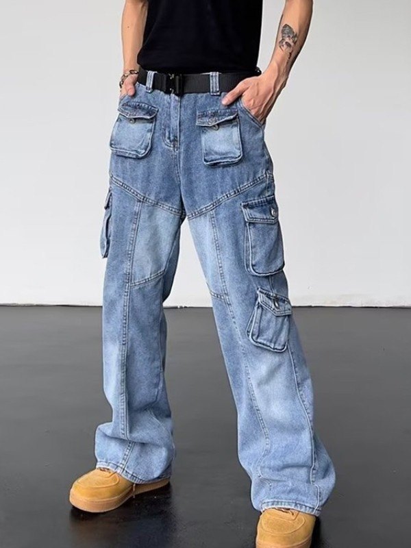 Emmiol Free shipping 2023 Men's Patch Pocket Loose Cargo Jeans Blue XL