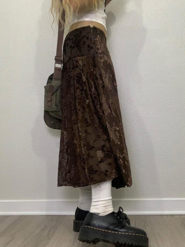 EMMIOL Falda midi de terciopelo con estampado floral vintage