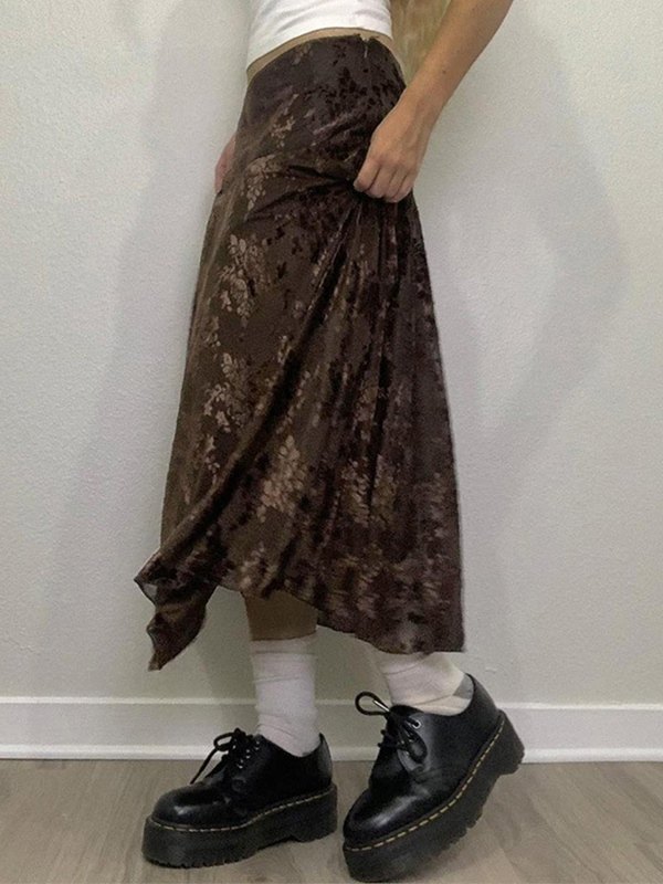 EMMIOL Falda midi de terciopelo con estampado floral vintage