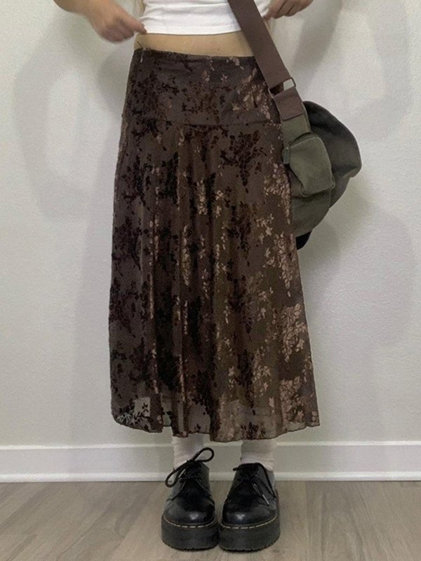 EMMIOL Falda midi de terciopelo con estampado floral vintage