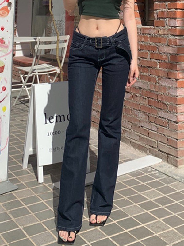 EMMIOL Vintage Buckle Belt Y2K Flare Jeans