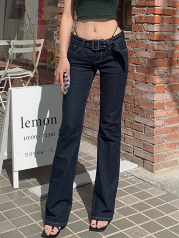 EMMIOL Vintage Buckle Belt Y2K Flare Jeans