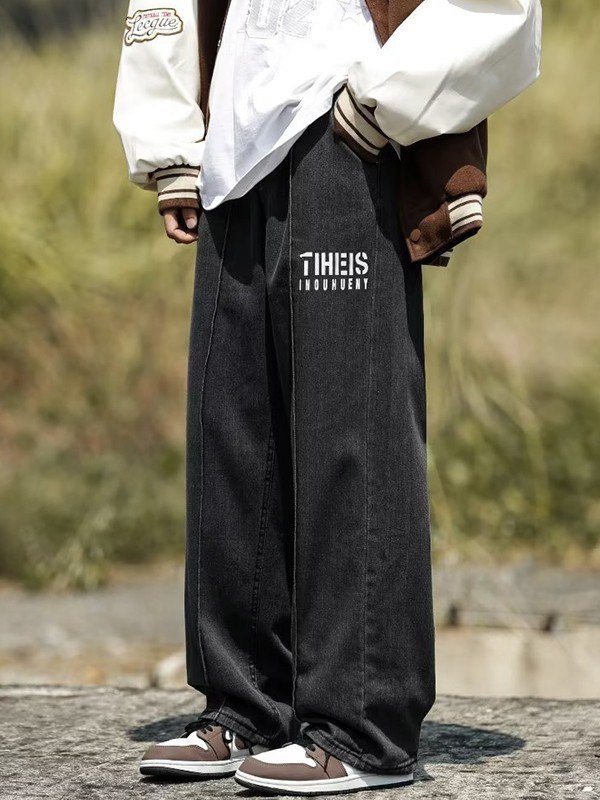 EMMIOL Jeans sueltos con detalle de costuras con logo para hombre