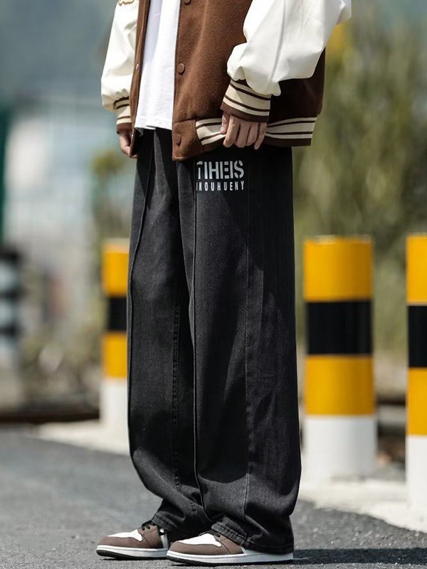 EMMIOL Jeans sueltos con detalle de costuras con logo para hombre