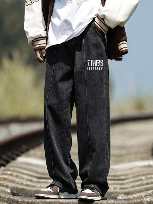 EMMIOL Jeans sueltos con detalle de costuras con logo para hombre