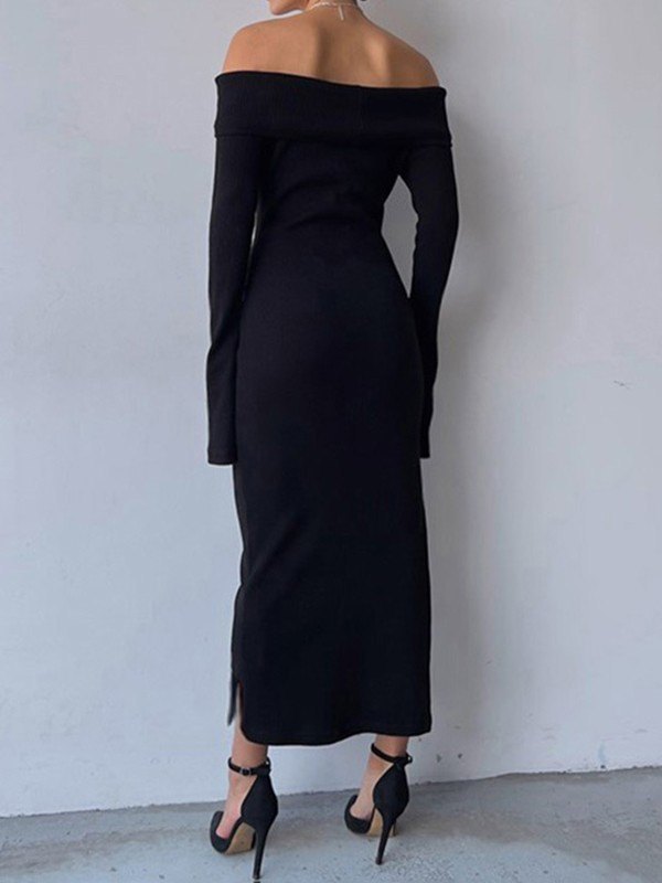EMMIOL Vestido largo de punto de manga larga con hombros descubiertos negro
