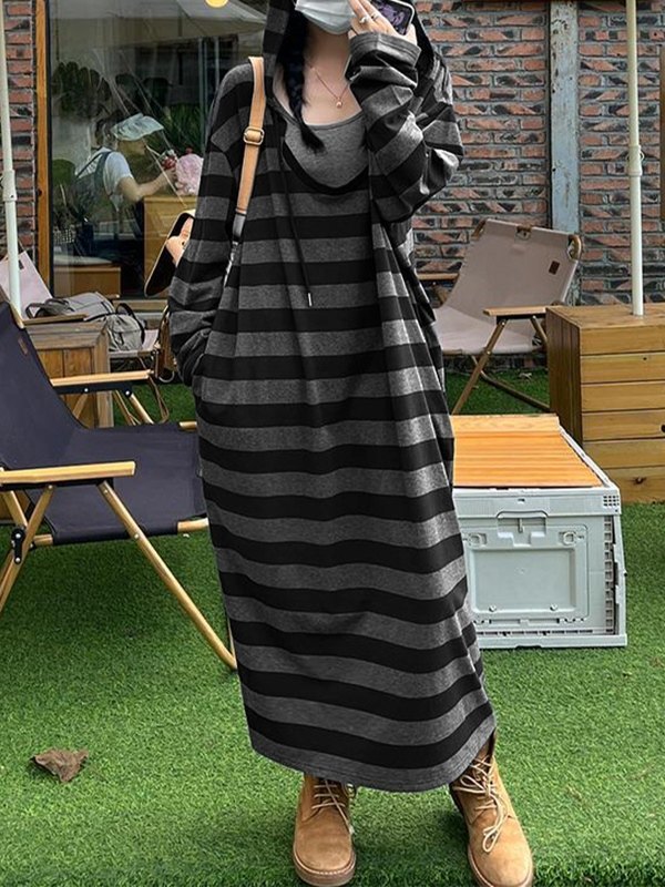 EMMIOL Gestreiftes Langarm-Maxikleid mit Kapuze