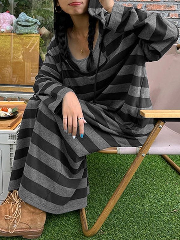 EMMIOL Gestreiftes Langarm-Maxikleid mit Kapuze