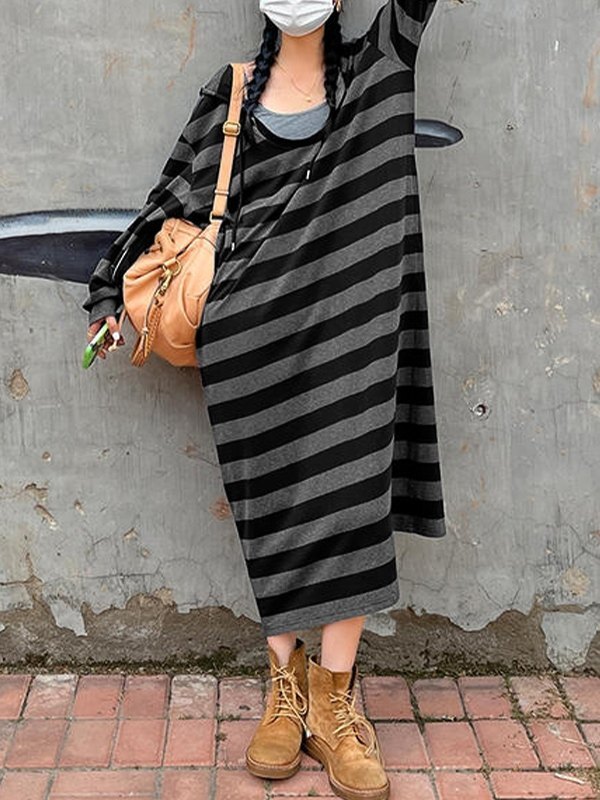 EMMIOL Gestreiftes Langarm-Maxikleid mit Kapuze