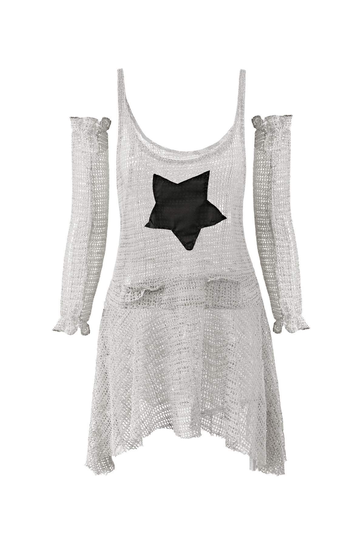 Emmiol Free shipping 2024 Arm Gloves Hollow Out Star Crochet Knit Mini Dress Gray L in Mini