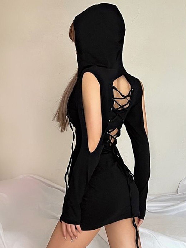 EMMIOL Cross Back Cutout Long Sleeve Hooded Mini Dress