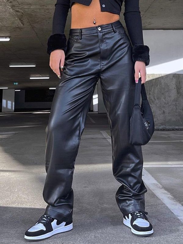 EMMIOL Black Straight Leg Faux Leather Pants