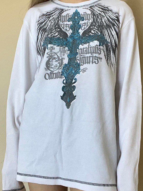 EMMIOL Punk Winged Cross White Long Sleeve Top