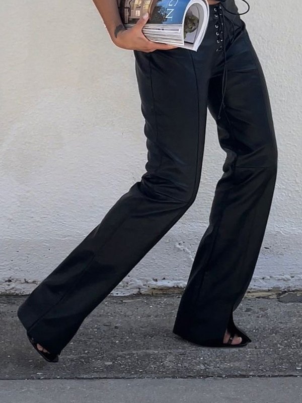 EMMIOL Pantalones de piel sintética con lazo delantero dividido
