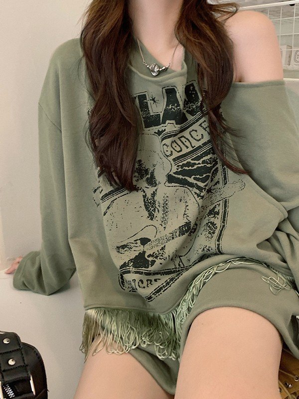 EMMIOL Fringed Cross Over Cold Shoulder Long Sleeve Top