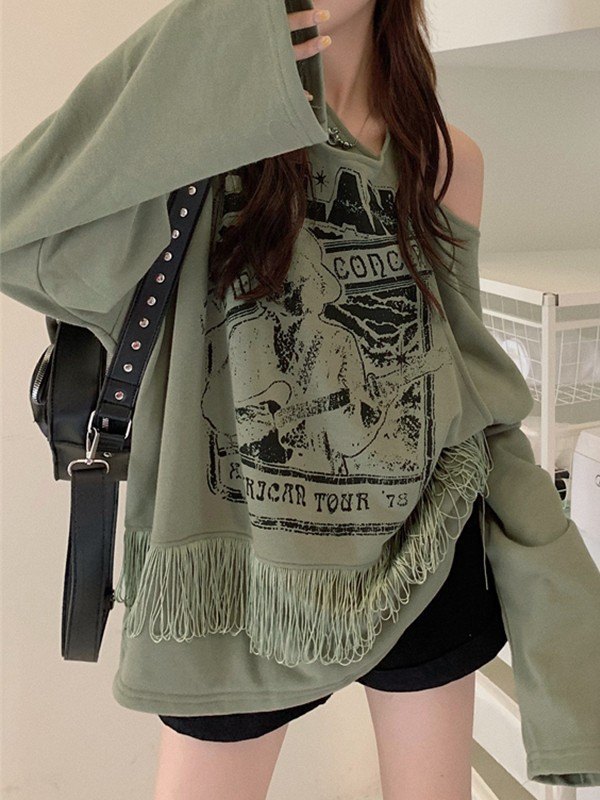 EMMIOL Fringed Cross Over Cold Shoulder Long Sleeve Top