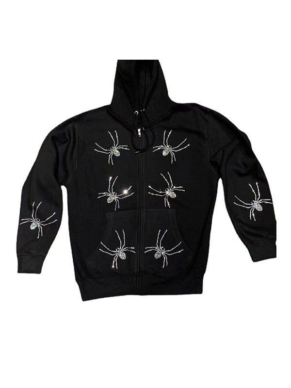 EMMIOL Sudadera con capucha negra con cremallera de araña de diamantes de imitación