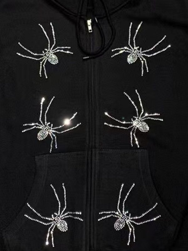 EMMIOL Sudadera con capucha negra con cremallera de araña de diamantes de imitación