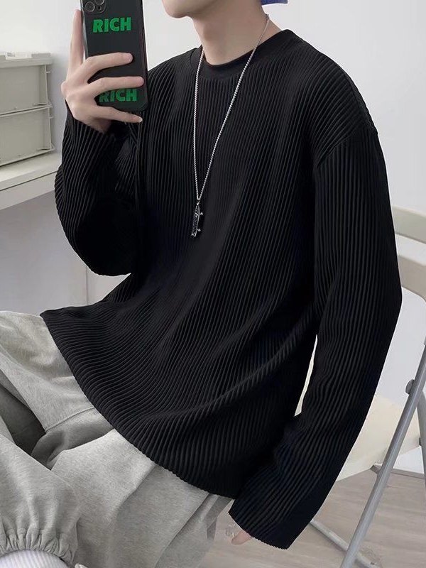 EMMIOL Men's Pleated Crew Neck Long Sleeve Tee