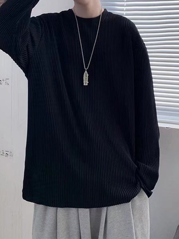 EMMIOL Men's Pleated Crew Neck Long Sleeve Tee