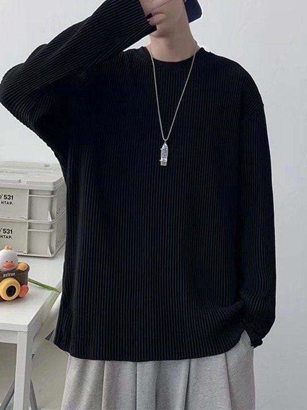EMMIOL Men's Pleated Crew Neck Long Sleeve Tee