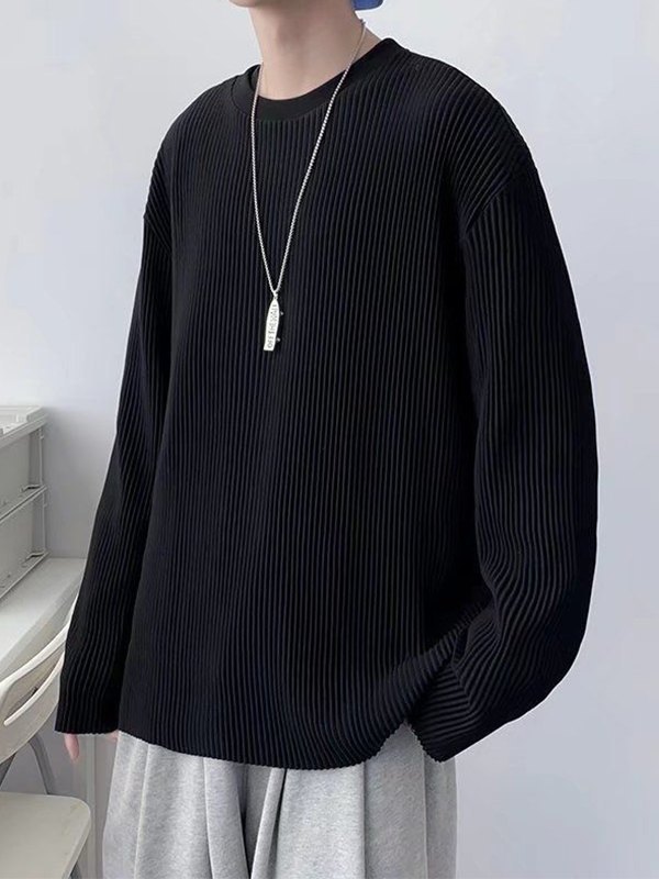 EMMIOL Men's Pleated Crew Neck Long Sleeve Tee
