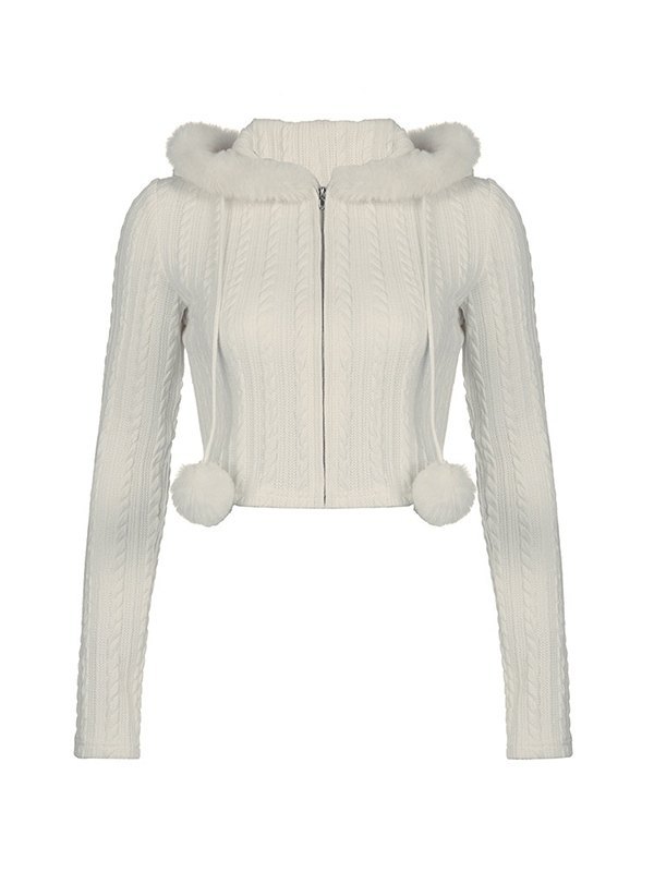 EMMIOL Kurz geschnittene Strickjacke mit Zopfmuster und Kapuze und Fuzzy-Besatz