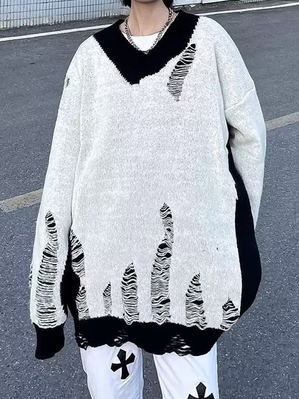 EMMIOL Contrasting Distressed Pullover Knit Sweater