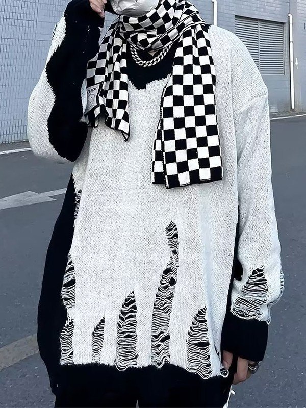 EMMIOL Contrasting Distressed Pullover Knit Sweater