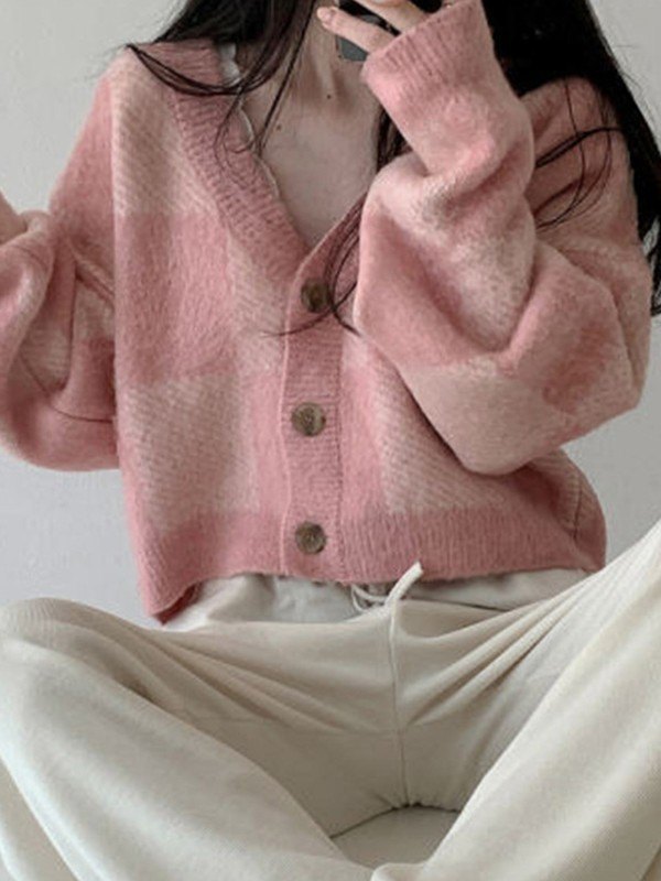 EMMIOL Checkered Button Front Cropped Cardigan