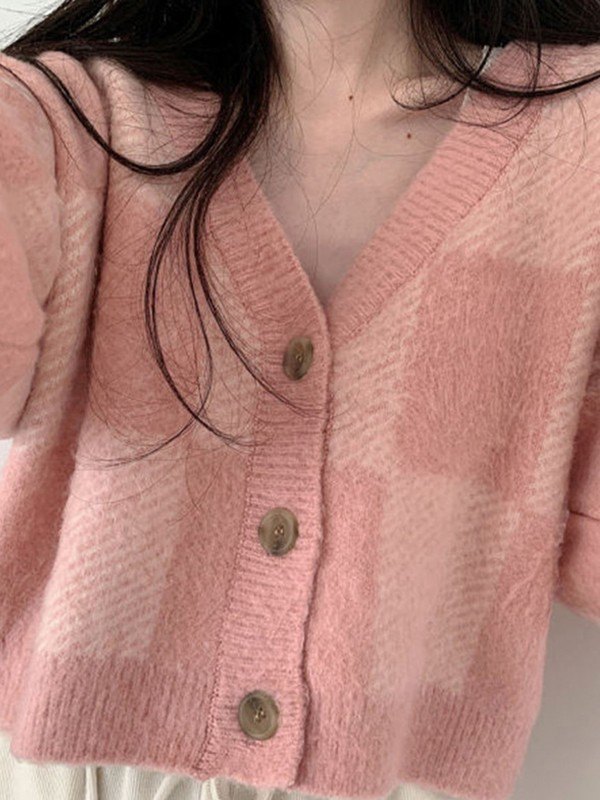 EMMIOL Checkered Button Front Cropped Cardigan