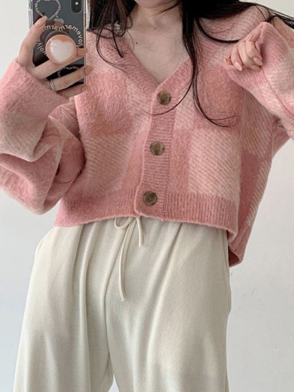 EMMIOL Checkered Button Front Cropped Cardigan