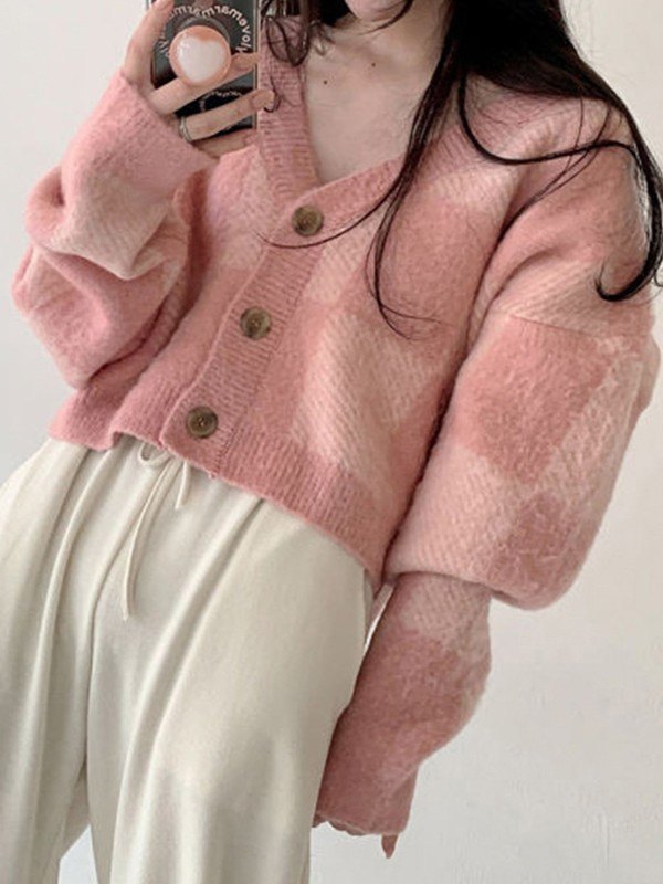 EMMIOL Checkered Button Front Cropped Cardigan