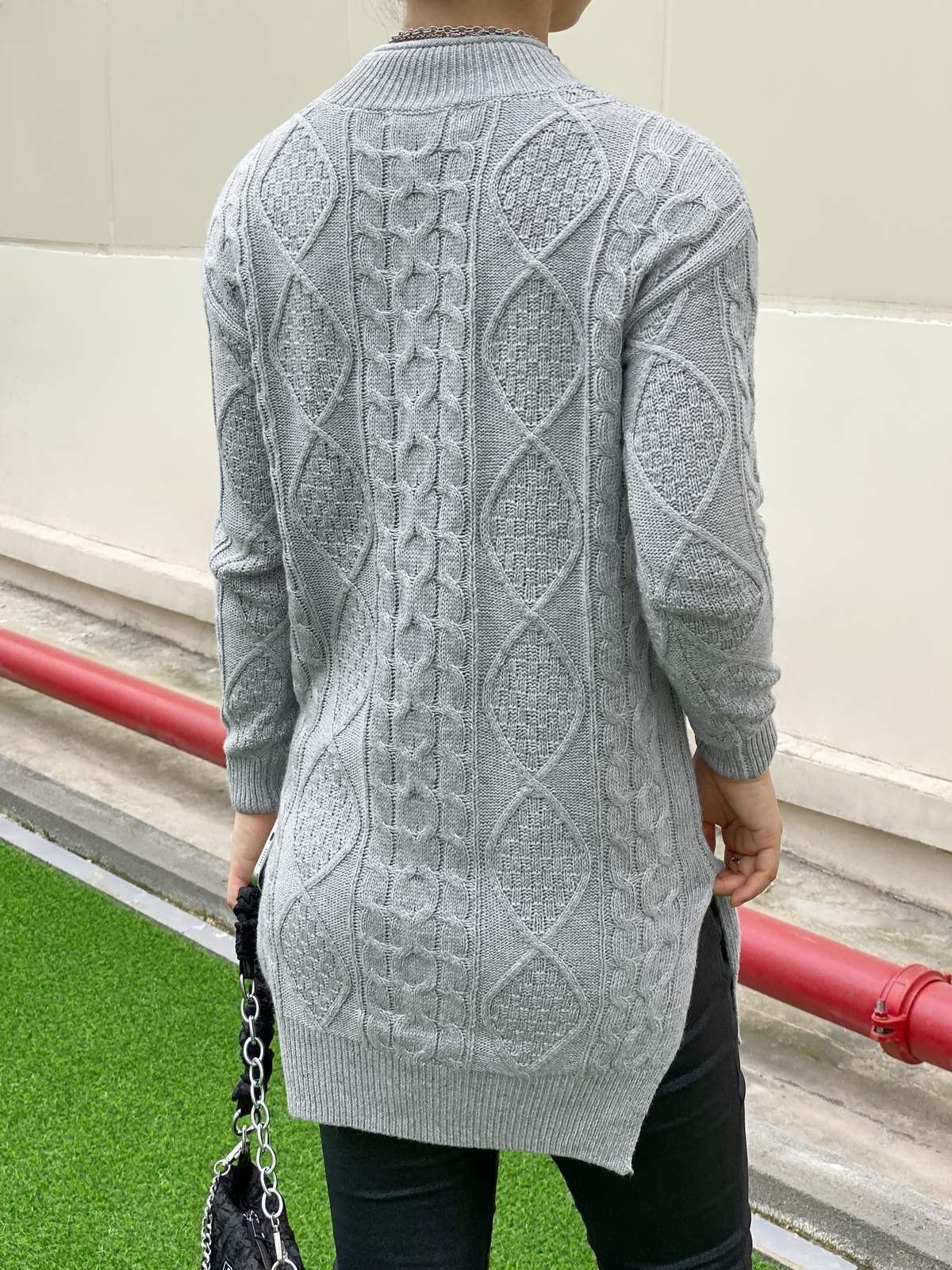 EMMIOL Geteilter Kabelstrick-Pullover Langer Pullover